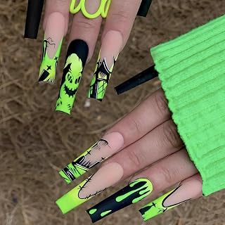 BABALAL Halloween Press on Nails Long Coffin Fake Nail Black Glue ons Green French Tip Ghost Design Acrylic False Nails Ballerina 24Pcs Manicure Full Cover Artificial