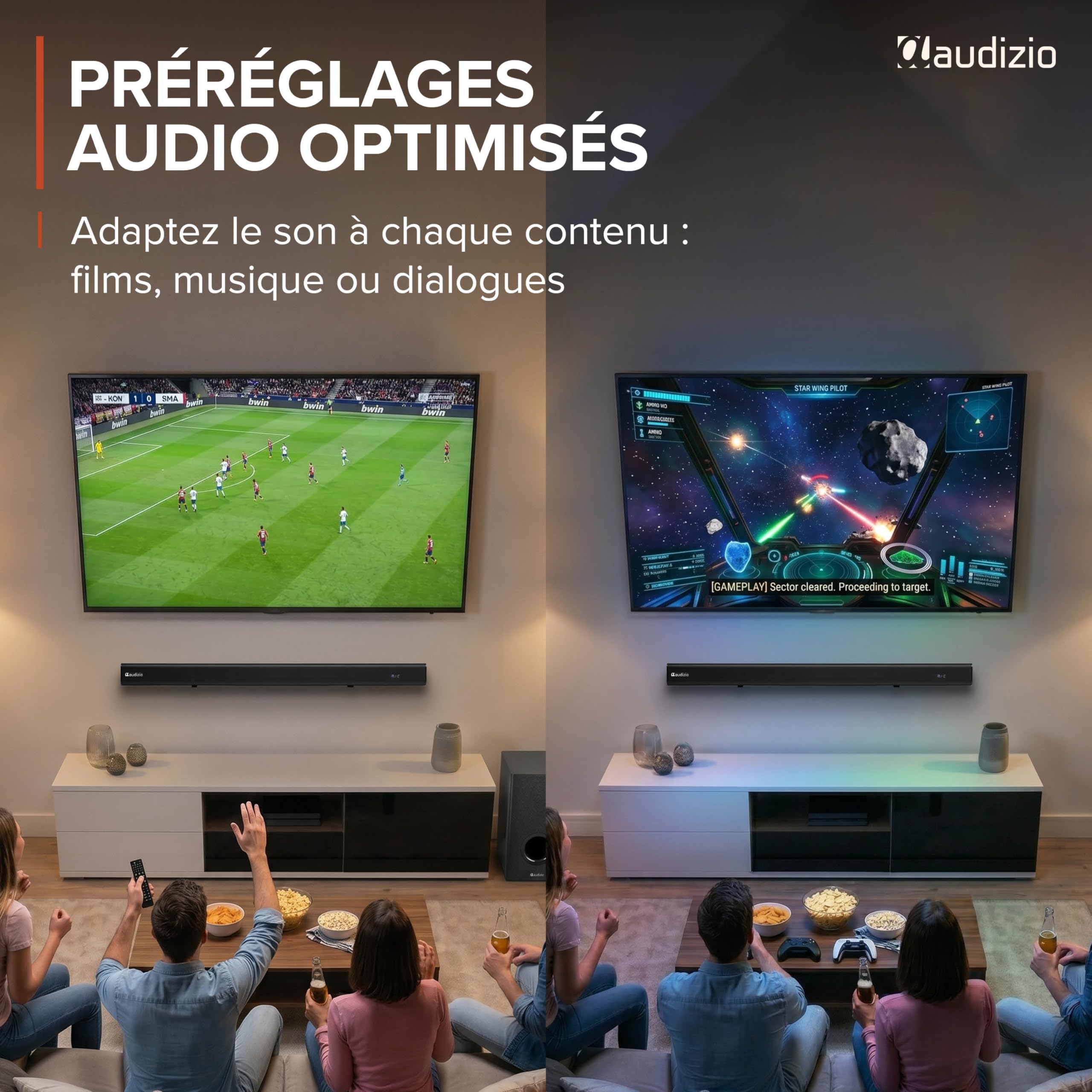 Audizio SB82S Barre De Son avec Caisson de Basse Filaire Bluetooth 5.3 HDMI Arc 120W, Soundbar 2.1 80 cm Optique, USB, AUX, Son TV Plus Puissant avec des Basses Profondes, Films, Musique et Jeux