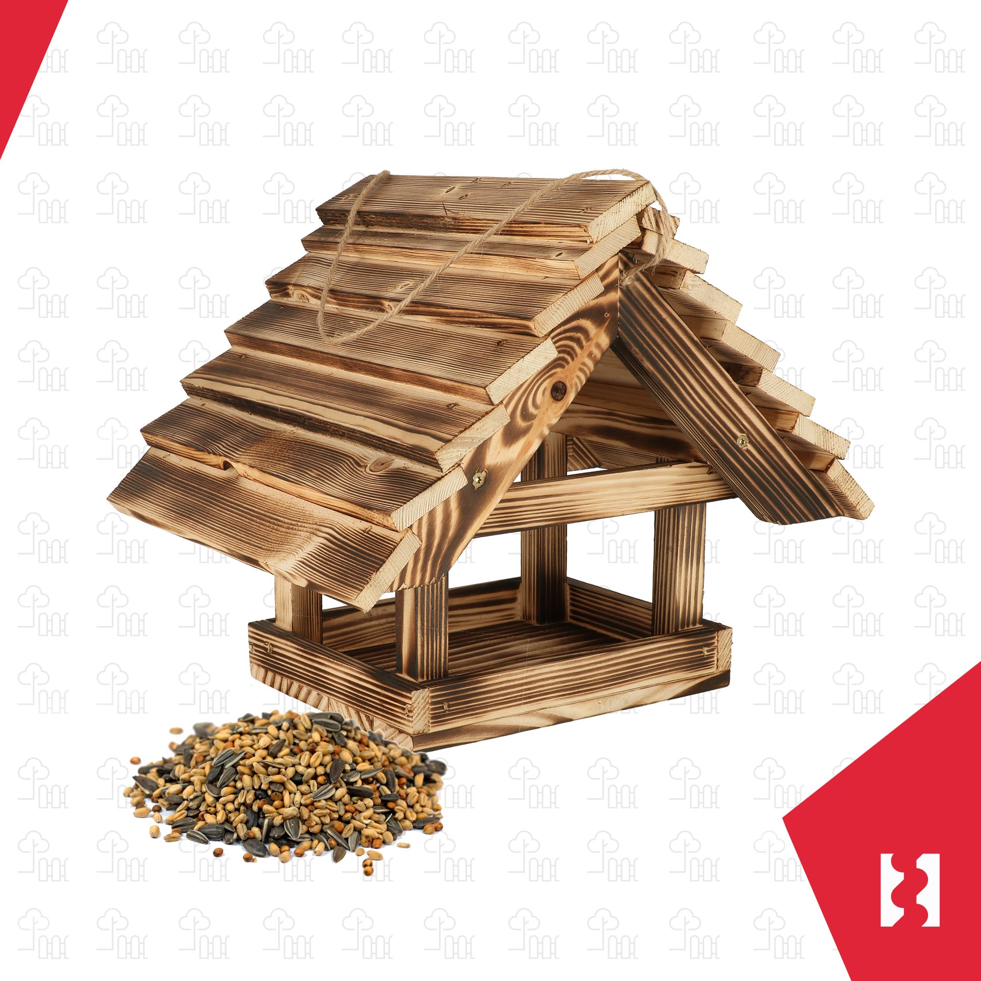 KOTARBAU® Mangiatoia per uccelli in legno, piccola in legno bruciato + fodera da 0,5 kg