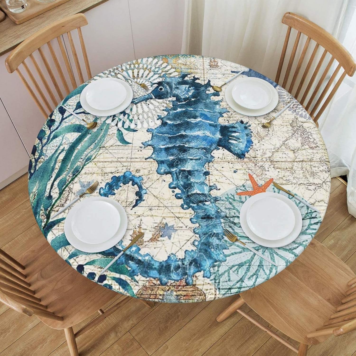 Nautical-Themed Fitted Tablecloth with Seahorse Design - Blue Ocean Coastal Life Map - Elastic Edge, Waterproof and Wipeable Table Cover