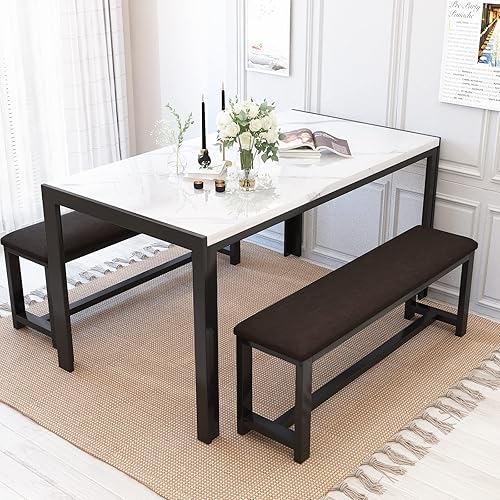 DKLGG Juego de mesa de comedor para 4 mesa de cocina de mármol sintético con 2 bancos de comedor tapizados de piel sintética juego de mesa de