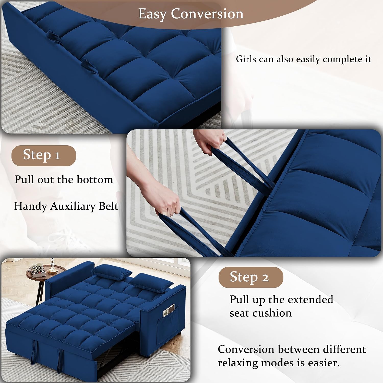 Convertible Sleeper Sofa Bed, 3 in 1 Modern Velvet Loveseat Futon Sofa Couch with Pullout Bed, Reclining Backrest Toss Pillows, Pockets for Living Room (Blue)