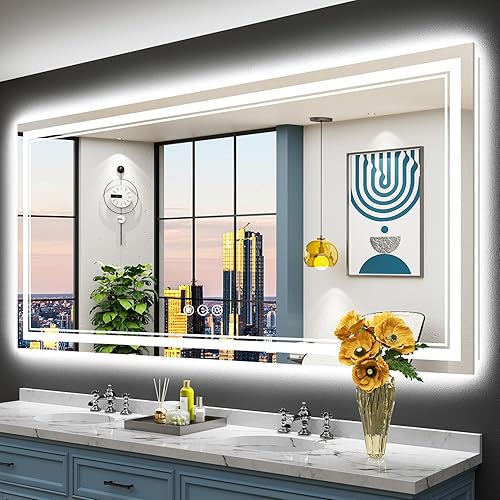 Espejo de baño LED de 77 x 36 pulgadas con luces, retroiluminado y frontal iluminado, espejo de tocador con luz antiniebla para pared de baño,