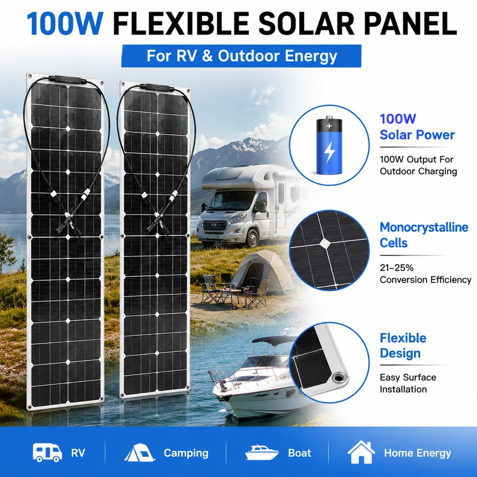 Panel Fotovoltaico Flexible 100W,Caja de Conexiones IP67 Impermeable