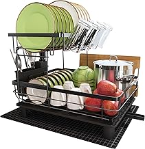 Boosiny Dish Drainer Tableware, Stainless Steel Dish Drainer for Kitchen Counter with Utensil Holder, Dish Drainer with Drink Holder, Chopping Board Holder and Drying Mat (Black)