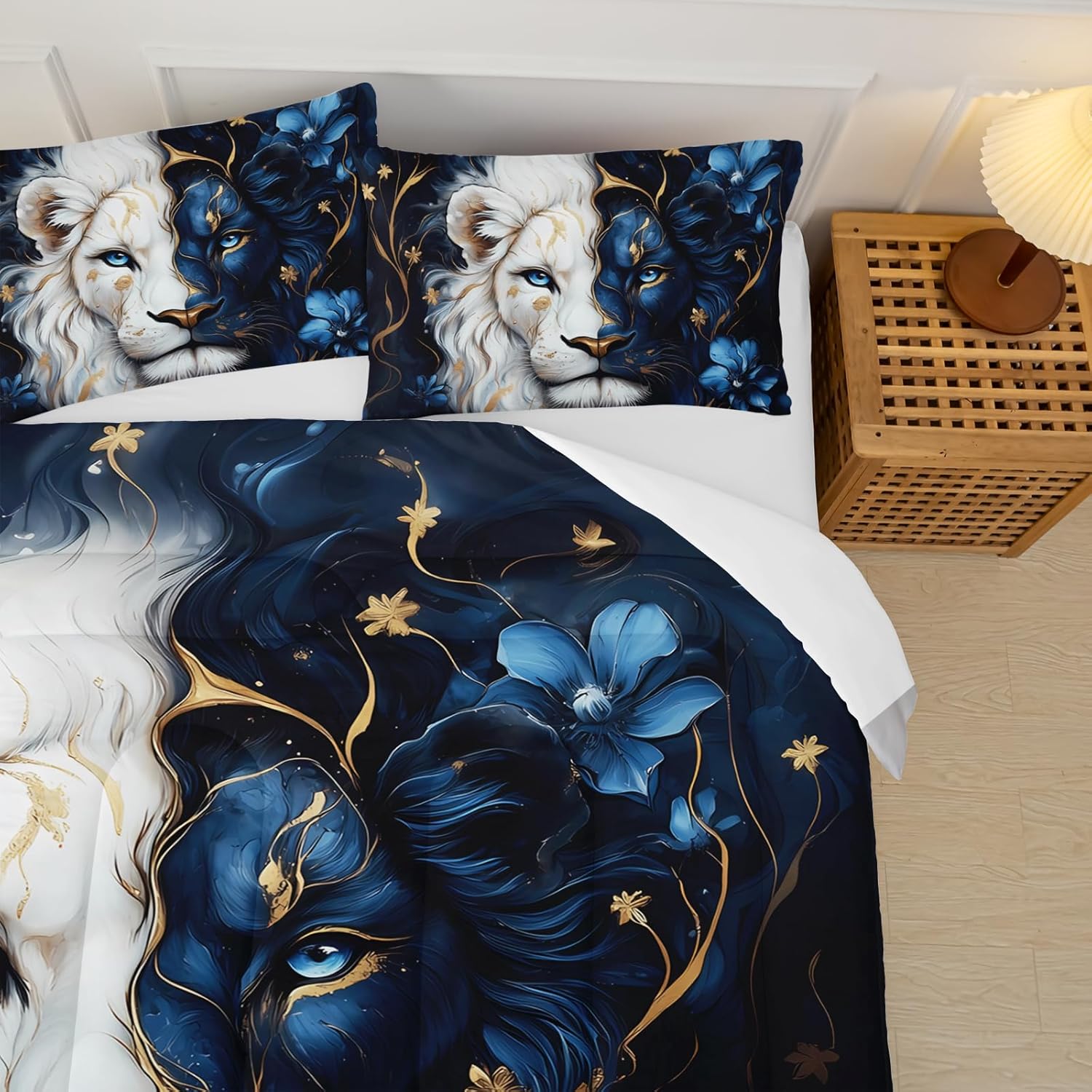 Black and Gold Flower Lion Comforter Set Queen Size，Animal Print Queen Size Bedding Set for Boy，with 1 Comforter with 2 Pillow Case - Image 3
