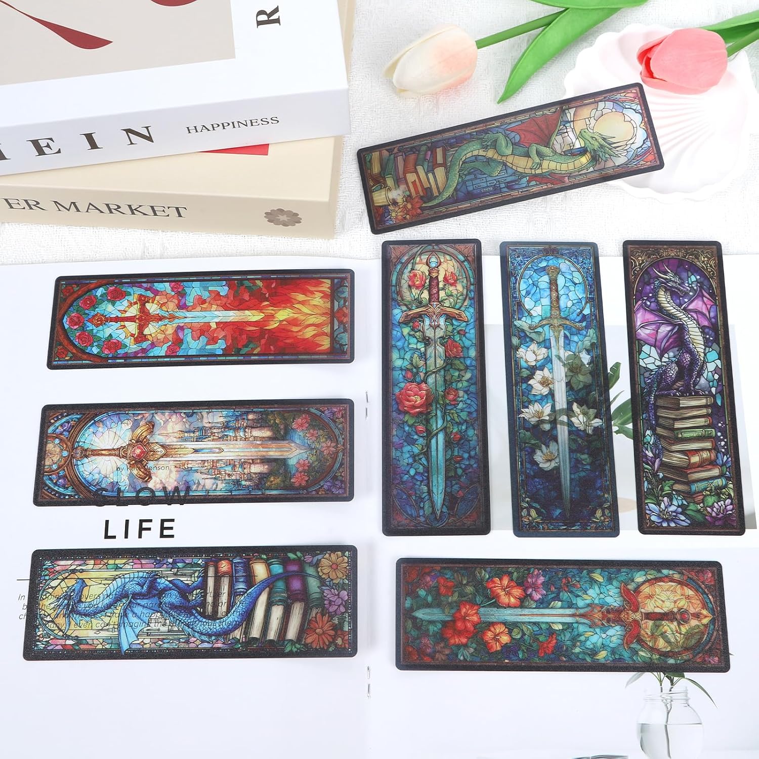 Dragon Sword Bookmark Gifts - 20 Pcs Stained Glass Art Transparent PVC Bookmark Fantasy Book Mark Page Clips Gifts for Women Men Book Lovers Teacher Student Bookish Reader Accessories - Image 4