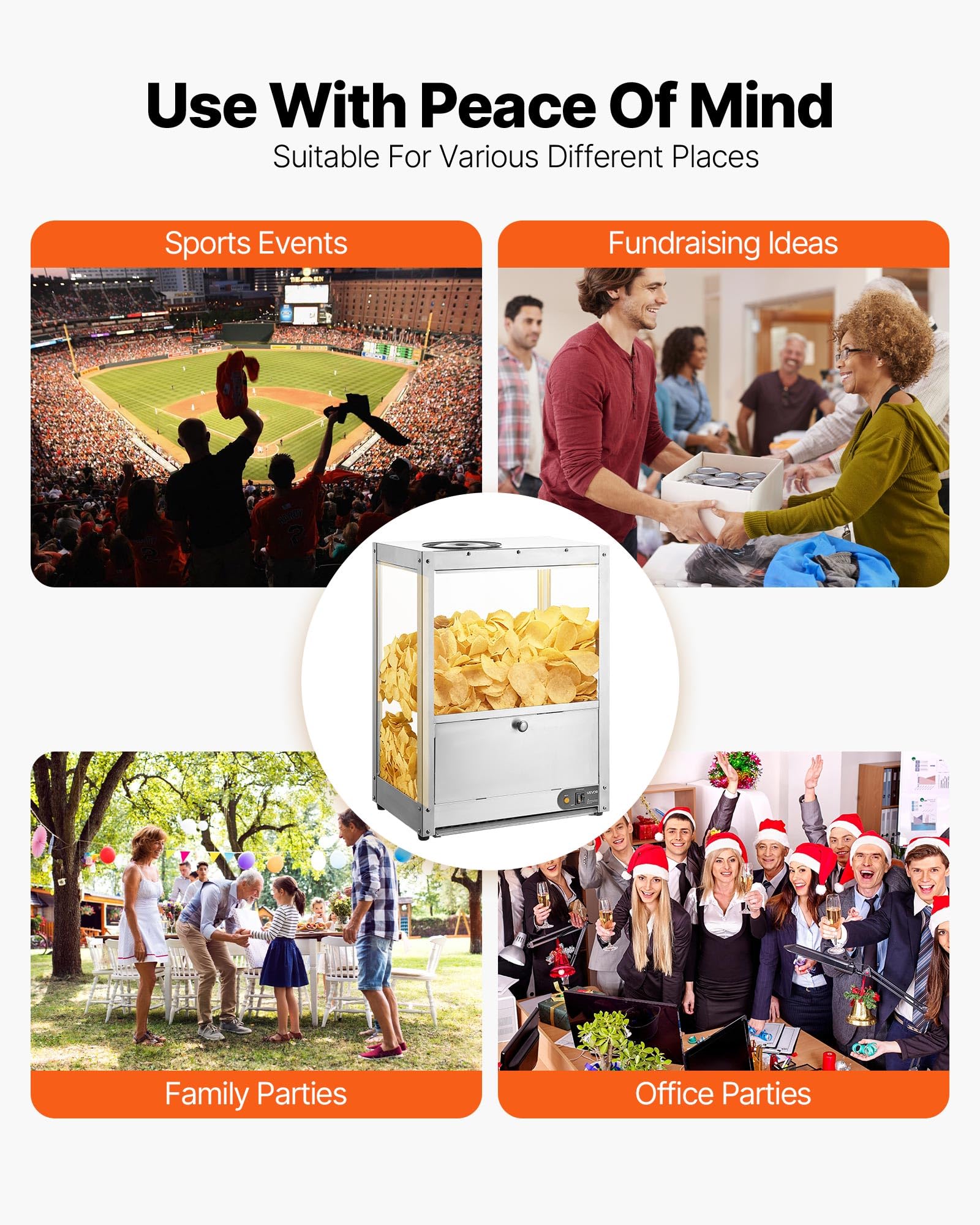 VEVOR Vitrine Chauffante 80 L, Chauffe-Nachos avec Base et Lampe Chauffante, pour Chips de Pomme de Terre Popcorn Cacahuètes Stade Cinéma Supérette Cafétéria Bar à Snacks, Présentoir à Chaud en INOX