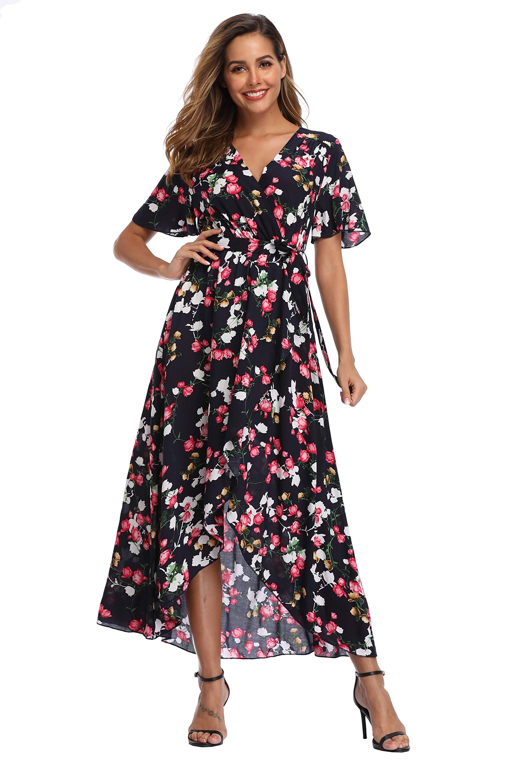 VintageClothing Women's Wrap V Neck Floral Summer Dresses High Low Casual