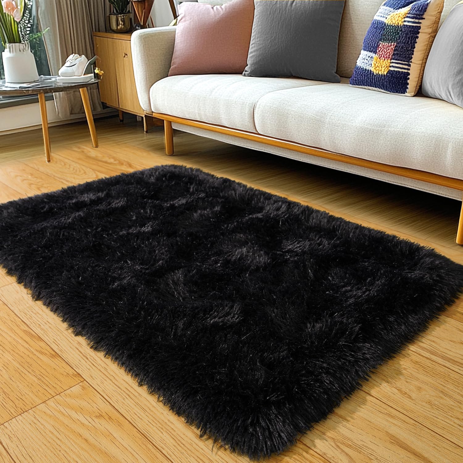 KING DARE Throw Rugs for Bedroom 2x3 Area Rug for Dorm Small Black Rug Fluffy Shaggy Plush Carpet