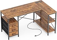 Huuuger 47" L-Shaped Gaming Desk with Power Outlets, 3 Drawers & Shelves - Rustic Brown Corner Home Office Desk
