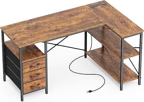 Huuger Escritorio de oficina en forma de L con tomas de corriente, escritorio para computadora de 47 pulgadas con 3 cajones, estantes, para juegos,