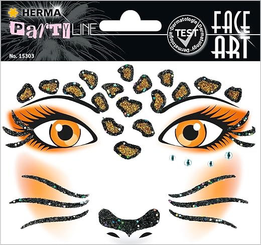 HERMA 15303 Face Art Sticker Leopard, dermatologisch getestet, ablösbare Glitzer Gesicht Aufkleber, temporäre Tattoos für Karneval Fasching Halloween Festival Kinder Geburtstag,…
