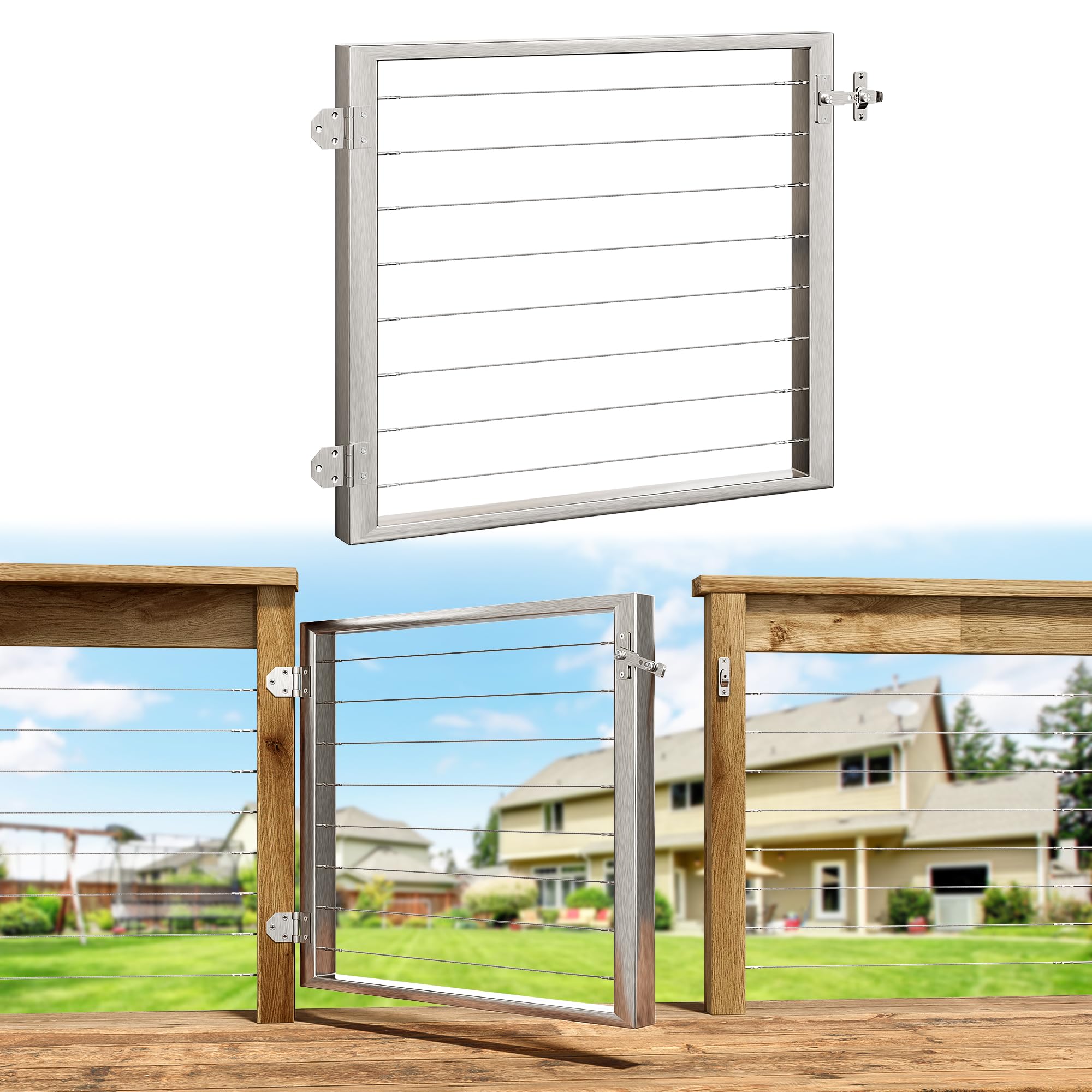 Deck Man Cable Railing Gate for Wood/Metal Cable Railing System Stainless Steel Fence Gate (Right Hand in Swing, Slivery)