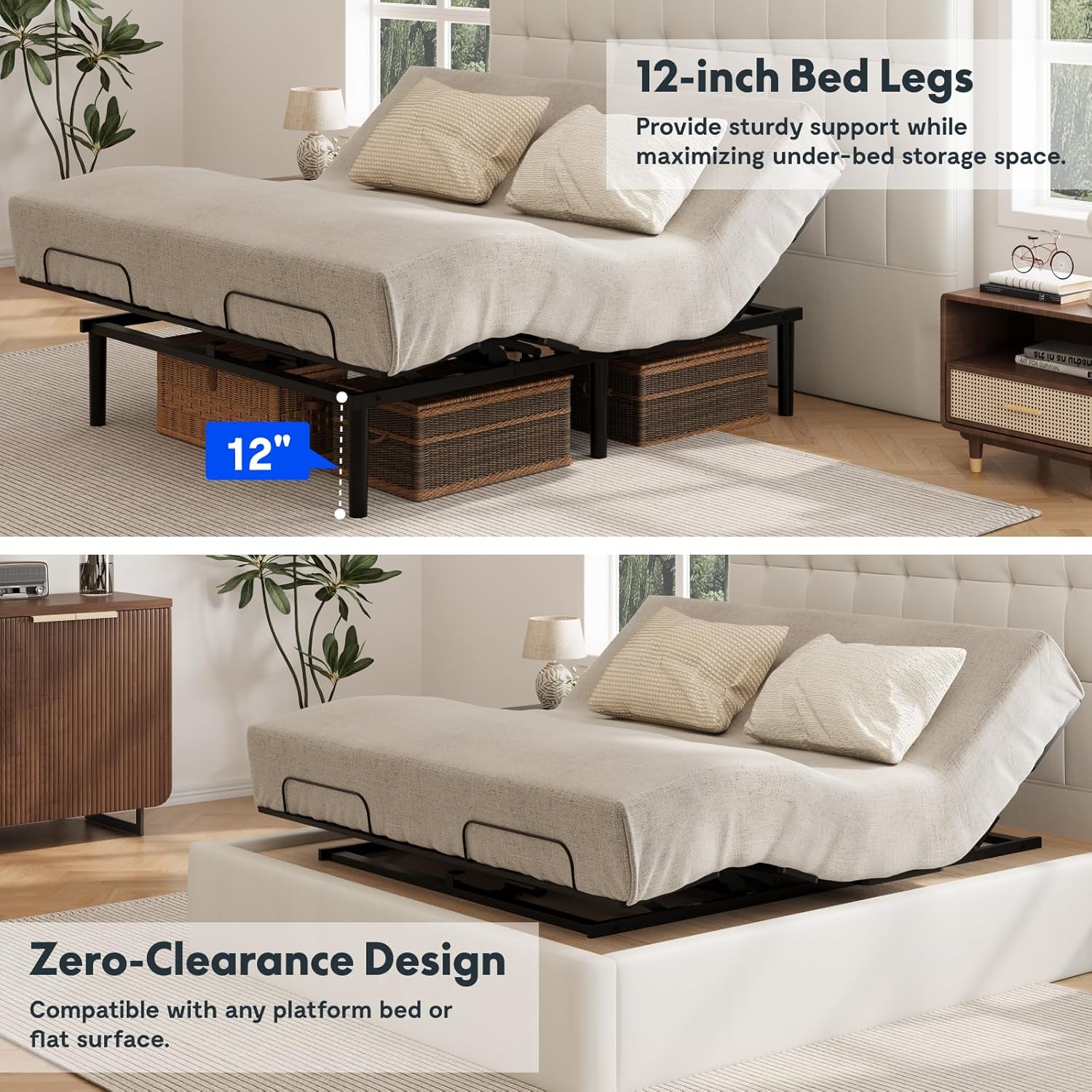 Top image shows the FLEXISPOT S3K-Lite adjustable bed frame with 12-inch legs, providing space for under-bed storage. Bottom image shows the zero-clearance design, compatible with platform beds.