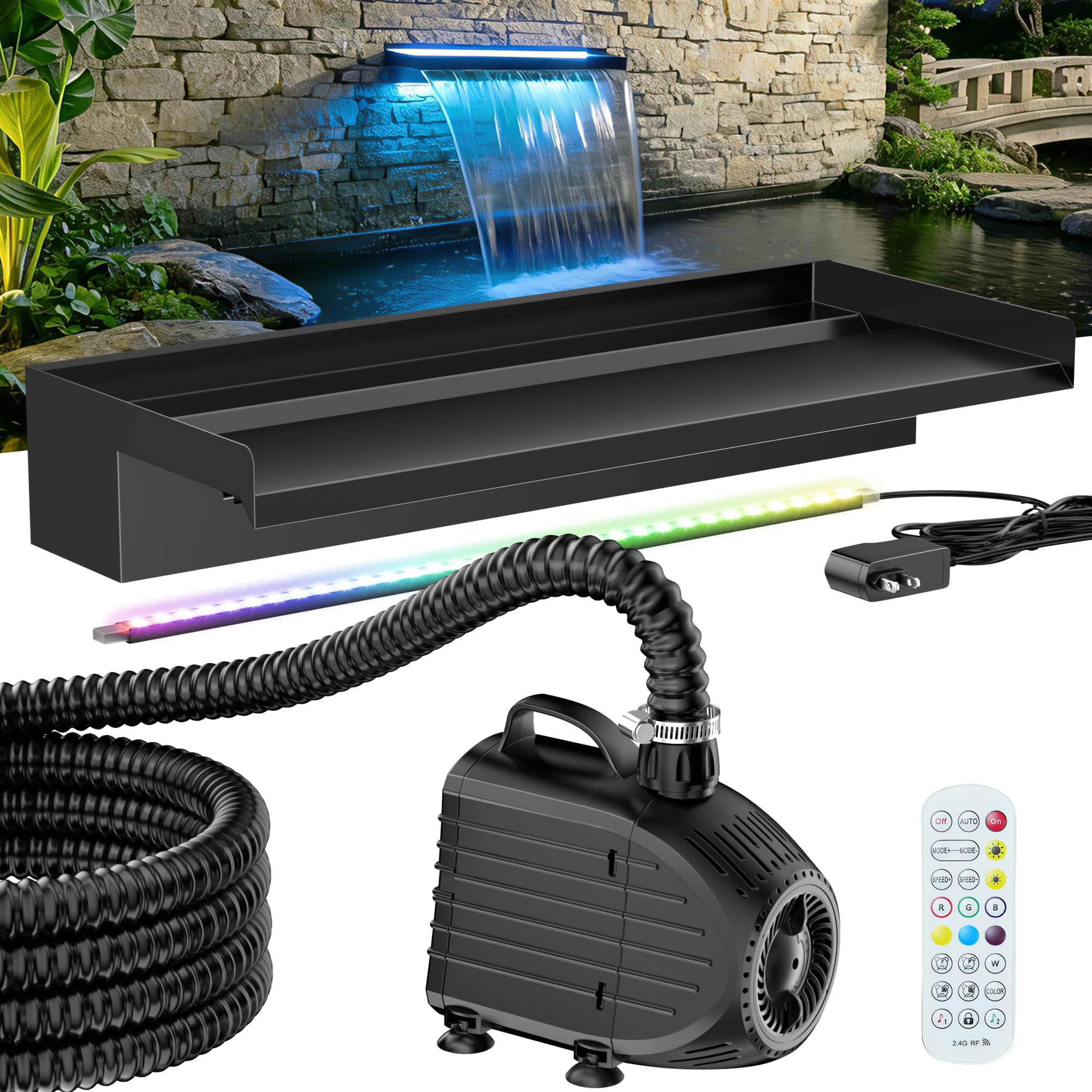Photo 1 of POPOSOAP 24 Inch Pond Waterfall Spillway Kit, RGB Multi-Color LED Lights Pond Waterfall with 1200GPH Pond Pump & 304 Stainless Steel, APP/Remote Control for Pond Garden Fish Tank Water Features-P46DC