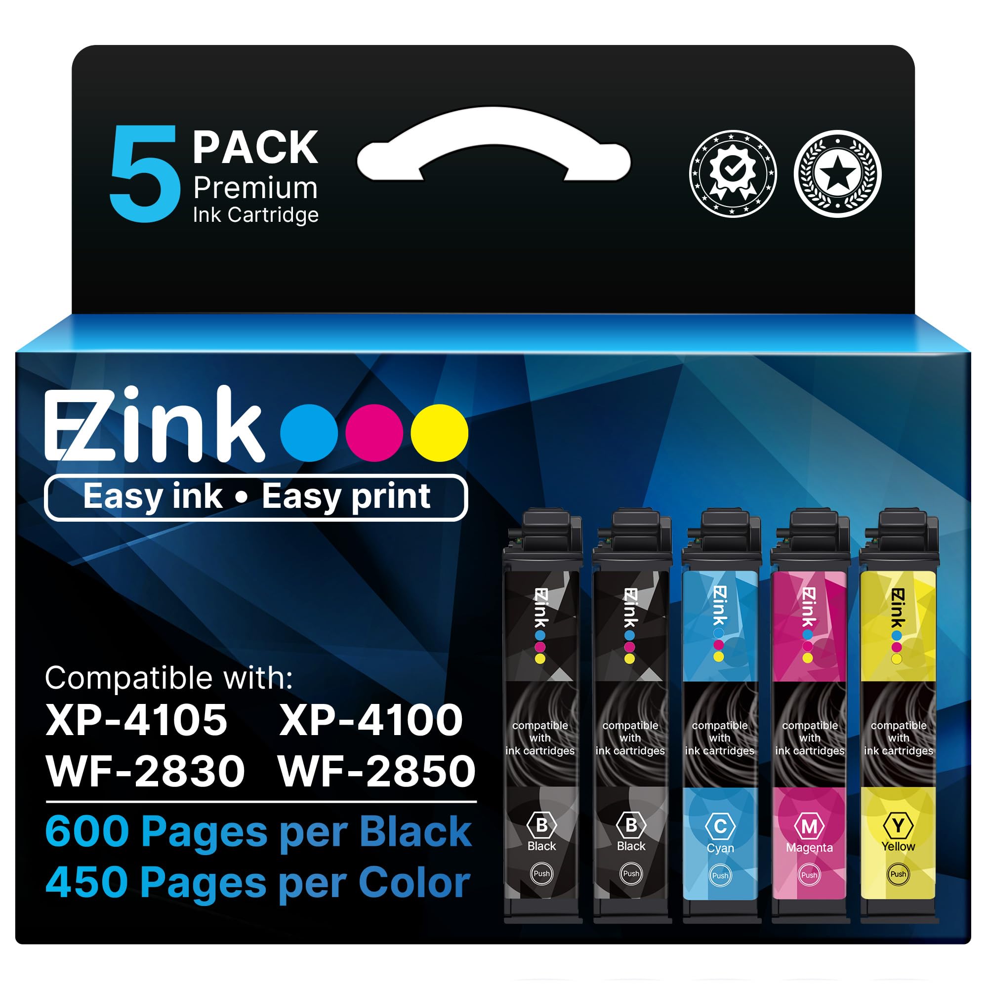 E-Z Ink Remanufactured Replacement for 212XL Ink Cartridges Combo Pack for Epson Printer XP-4100 XP-4105 WF-2830 WF-2850 Upgraded Chips (2 Black, 1 Cyan, 1 Magenta, 1 Yellow, 5 Pack) | Replacement for 212XL Ink Cartridges Combo Pack for Epson Printer XP-4100 XP-4105 WF-2830 WF-2850 Upgraded Chips ( 5 Pack)