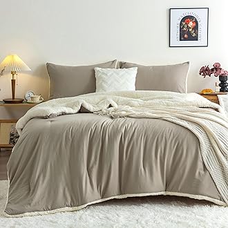 COTTEBED Fluffy Sherpa Warm Winter Comforter King Size Bed, Reversible Plush Fleece Sherpa California King Down Comforter Sets Pillow Sham, Cozy Ultra-Soft Thick Washed Cotton Bedding Set, Beige White