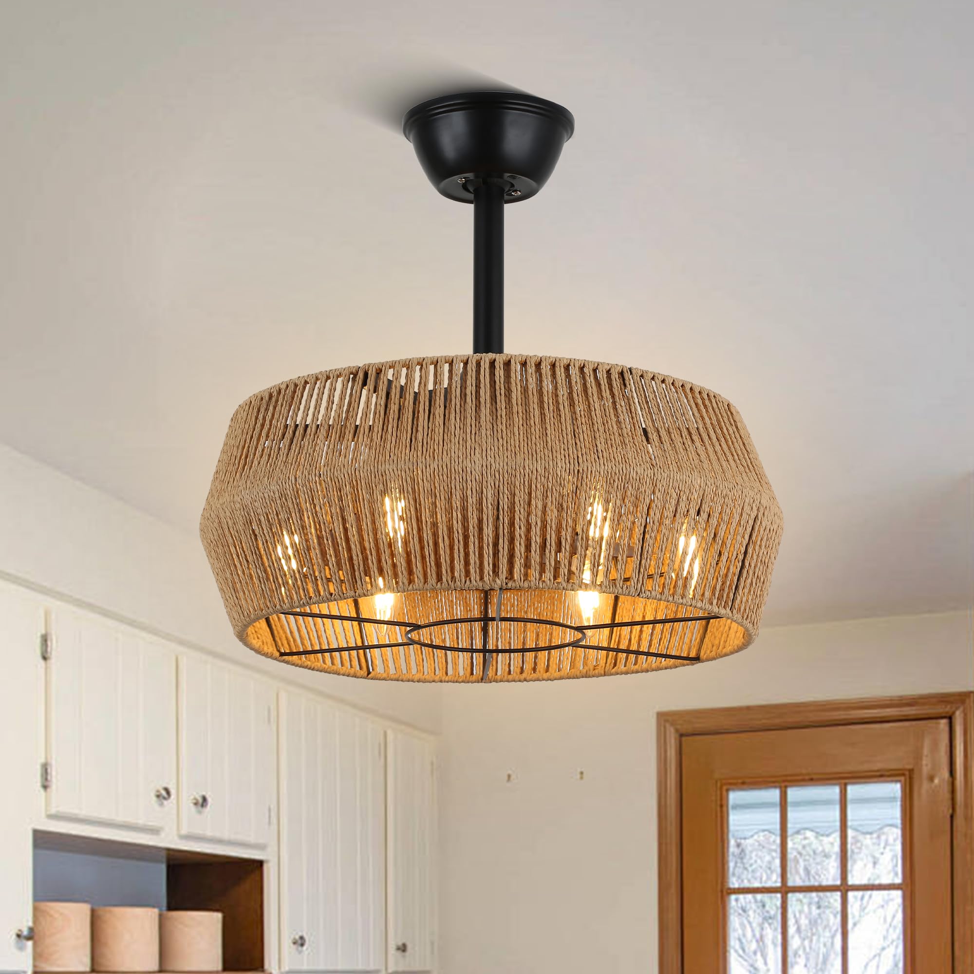 Oaks Aura Boho Ceiling Fan with Light and Remote Control, 18'' Caged Fandelier Ceiling Fan with Light, Rattan Chandelier with 6 Speeds for Bedroom,