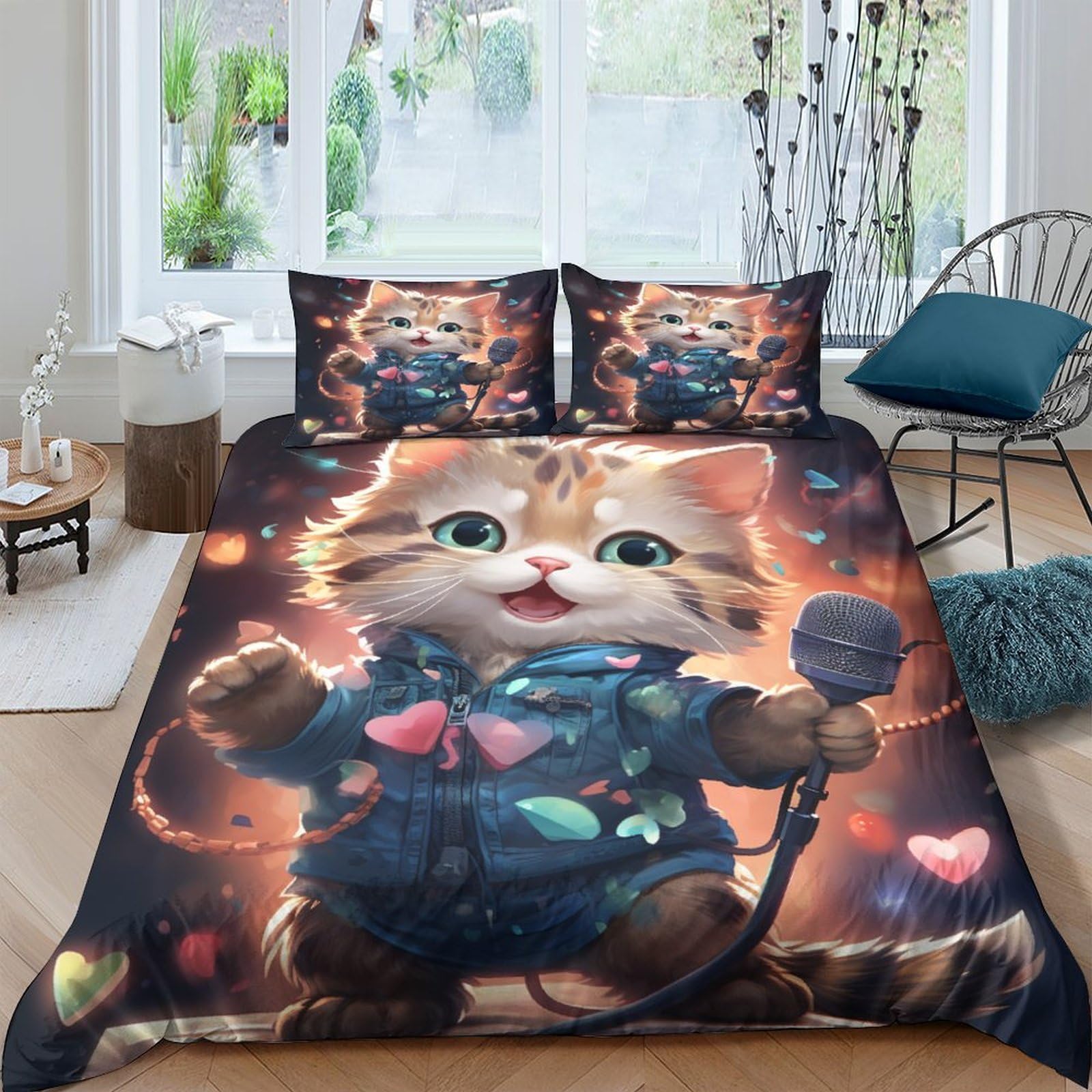 Funda nórdica de gato 3D de 200x200 cm con fundas de almohada set de 3 piezas de microfibra suave