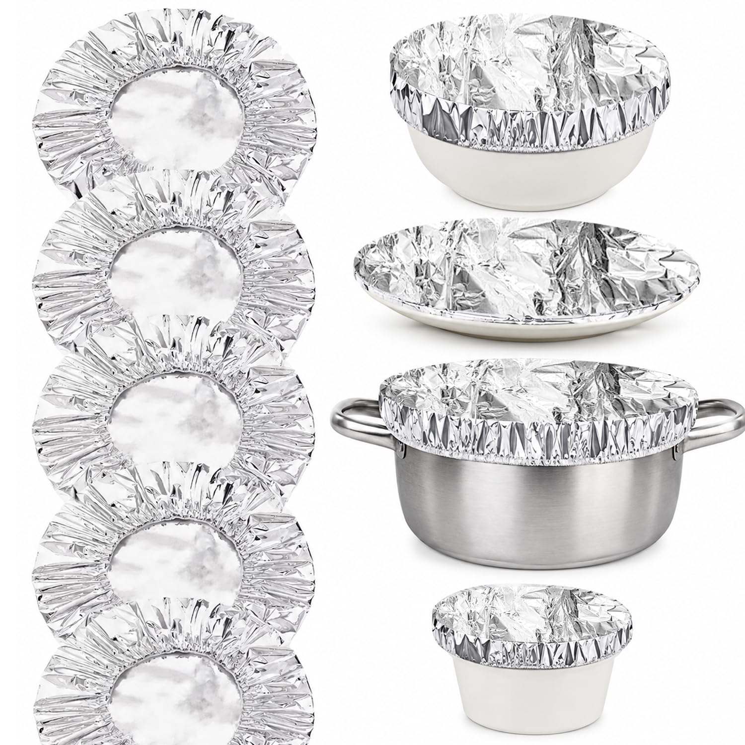 50Pcs Aluminium Foil Food Covers, Reusable Foil Covers for Food, Adjustable Elastic Bowl Covers for Kitchen Meal Prep Picnic Takeaway