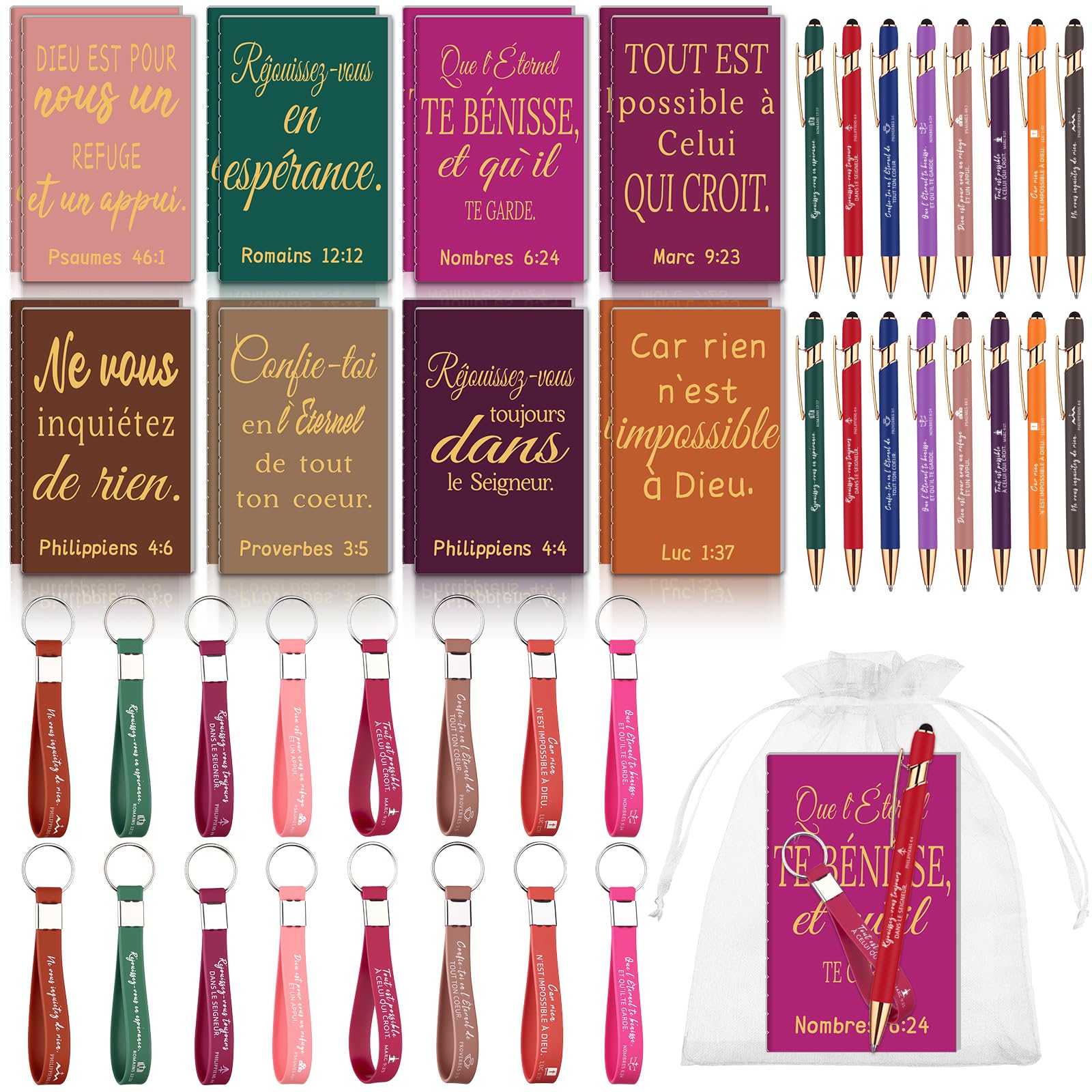 Lot de 16 carnets et stylos chrétiens avec versets bibliques, porte-clés en silicone, petits carnets de poche chrétiens, cadeaux inspirants religieux pour hommes et femmes, fournitures scolaires