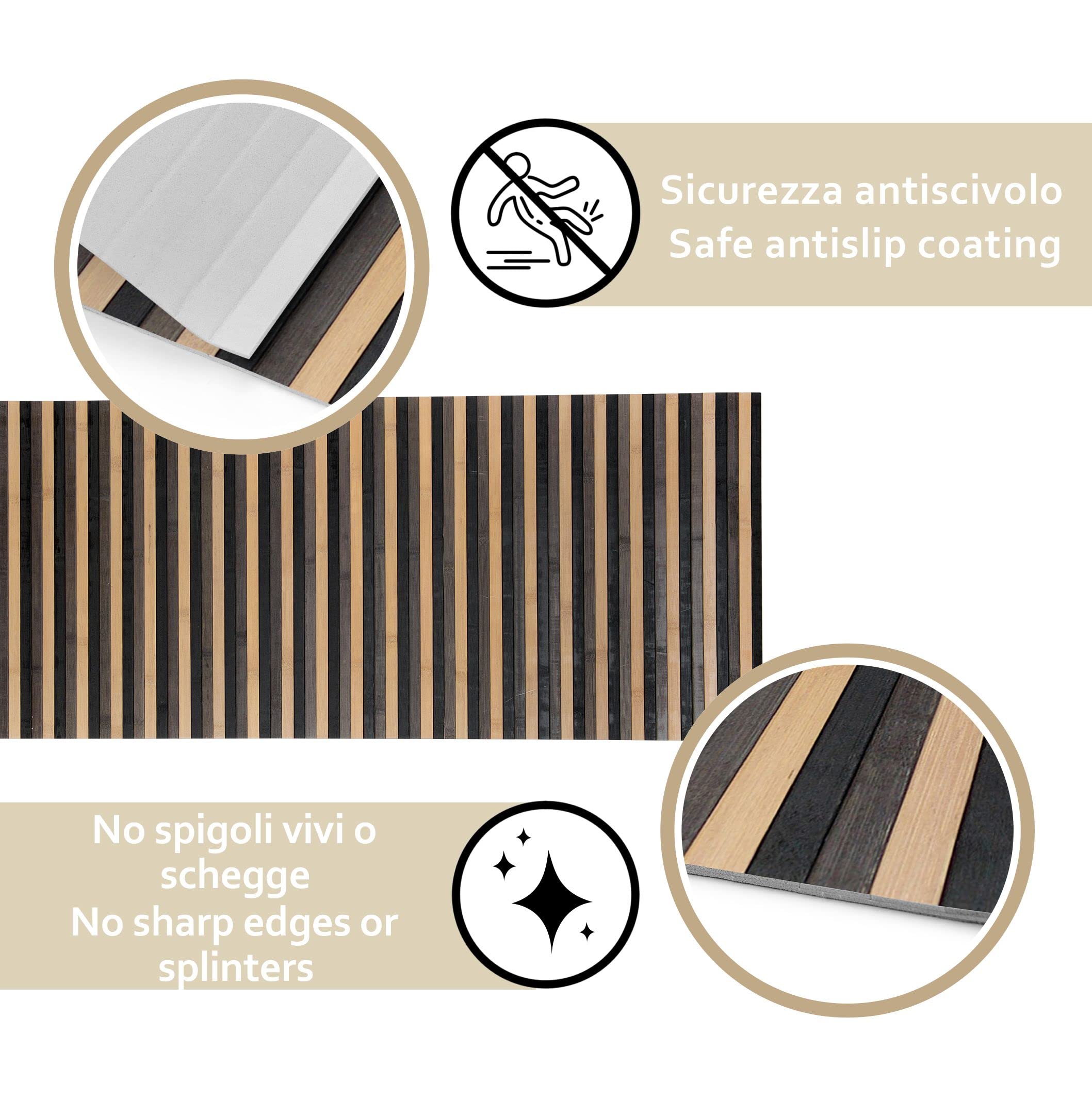 Tappeto Bamboo Antiscivolo Lavabile | Tappetino Cucina Idrorepellente | Passatoia Antiscivolo Eco Sostenibile | Effetto Degradè (Grigio, 50x200)