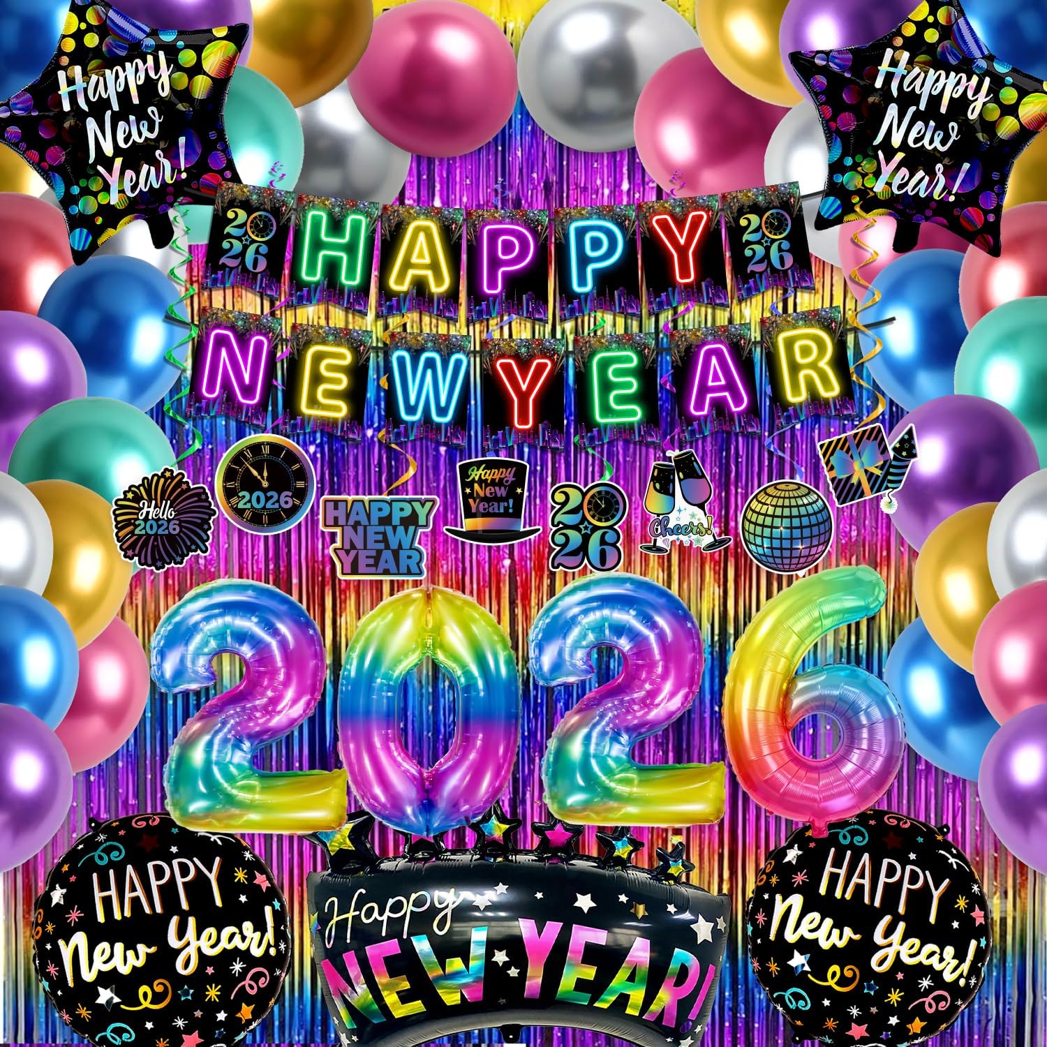 Happy New Year Decorations Happy New Year 2026 New Years Eve Party Supplies 2026, Neon Banner Fringe Curtain Hanging Swirls Balloons Mylar 2026 Decorations