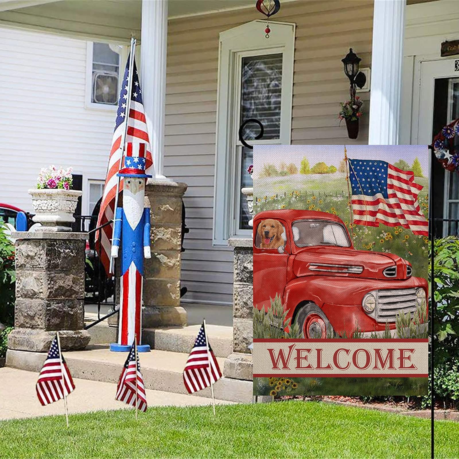 Artofy Gartenflagge Welcome Summer - Vintage Red Truck Mit Hund & Sonnenblumen, Doppelseitig