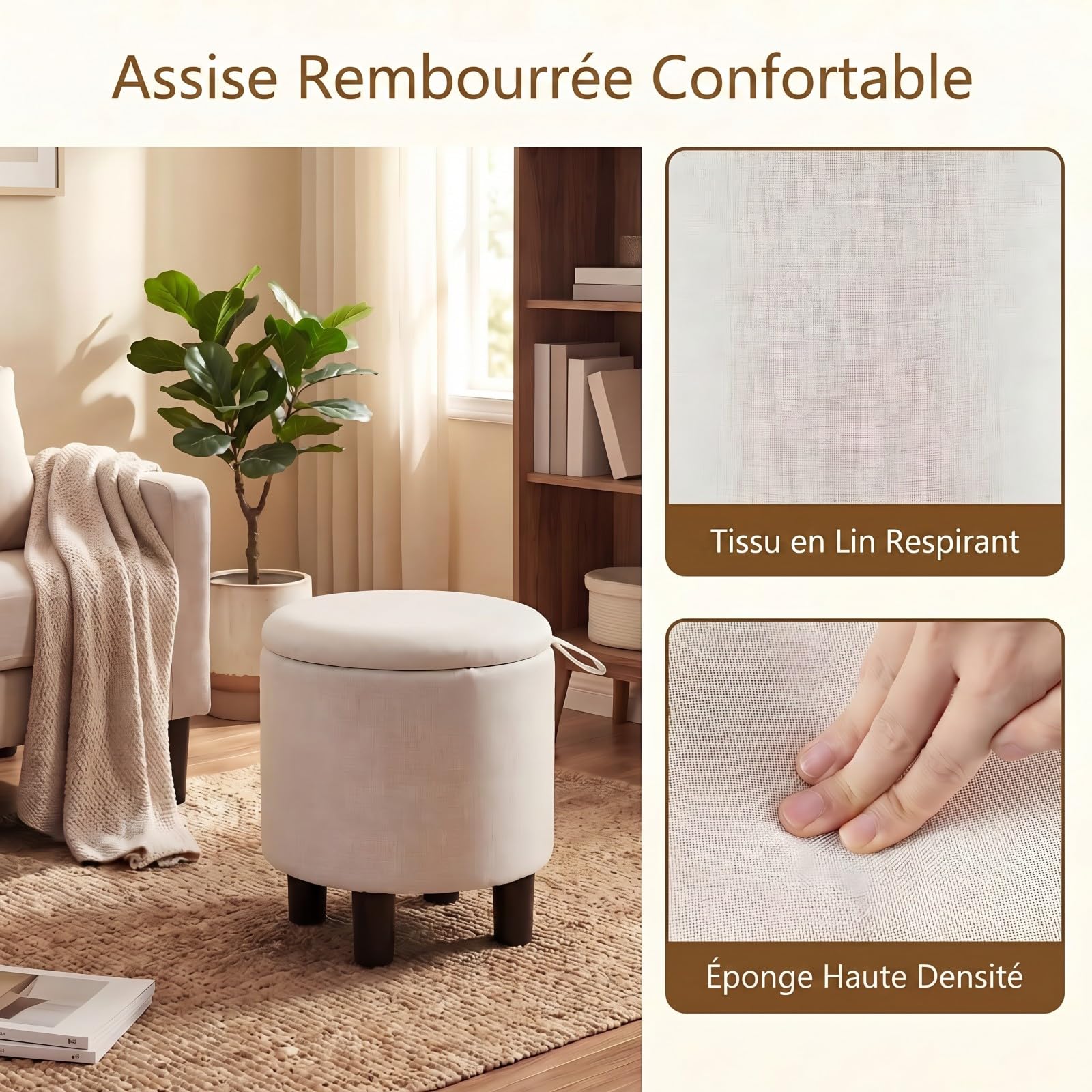 SOARS Pouf de Rangement 19L, Tabouret Rond avec Couvercle Réversible