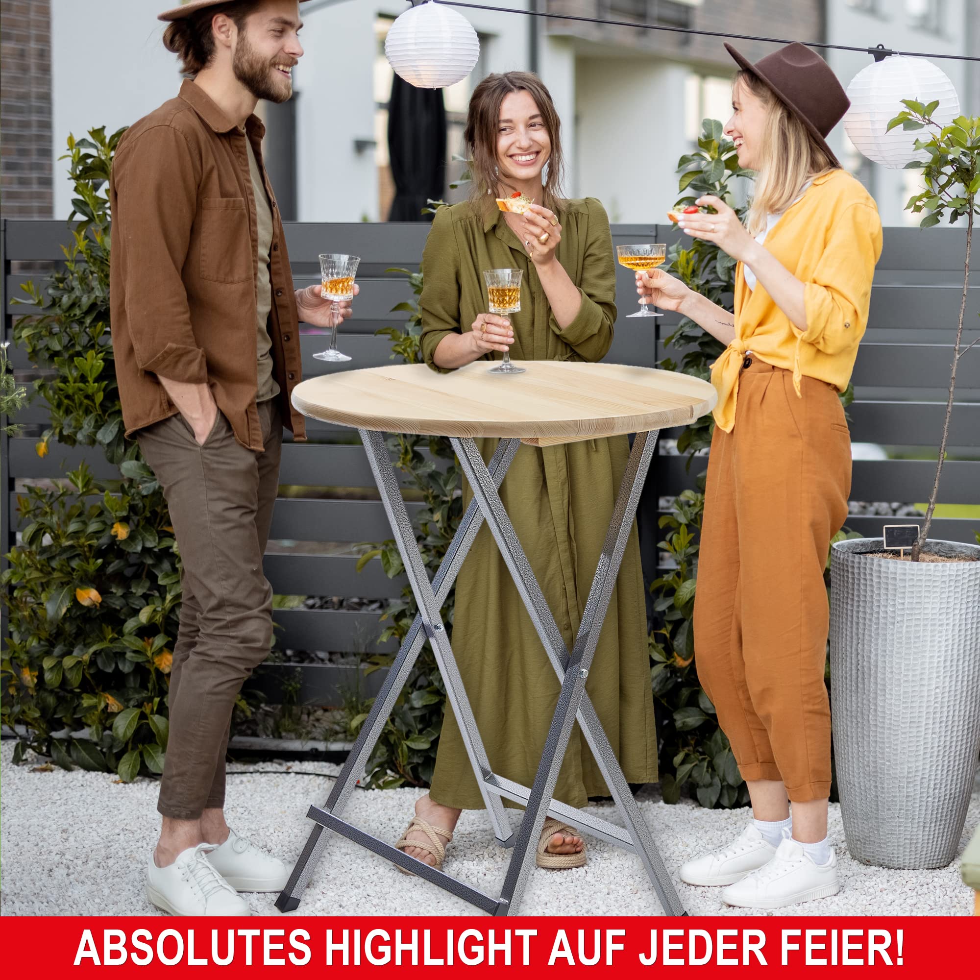 Onbest Stehtisch klappbar – Stehtisch 110cm hoch – Massive Tischplatte aus Holz – rund Ø78 cm – für In- & Outdoor –Bistrotisch – Biertisch – Gartentisch – Partytisch
