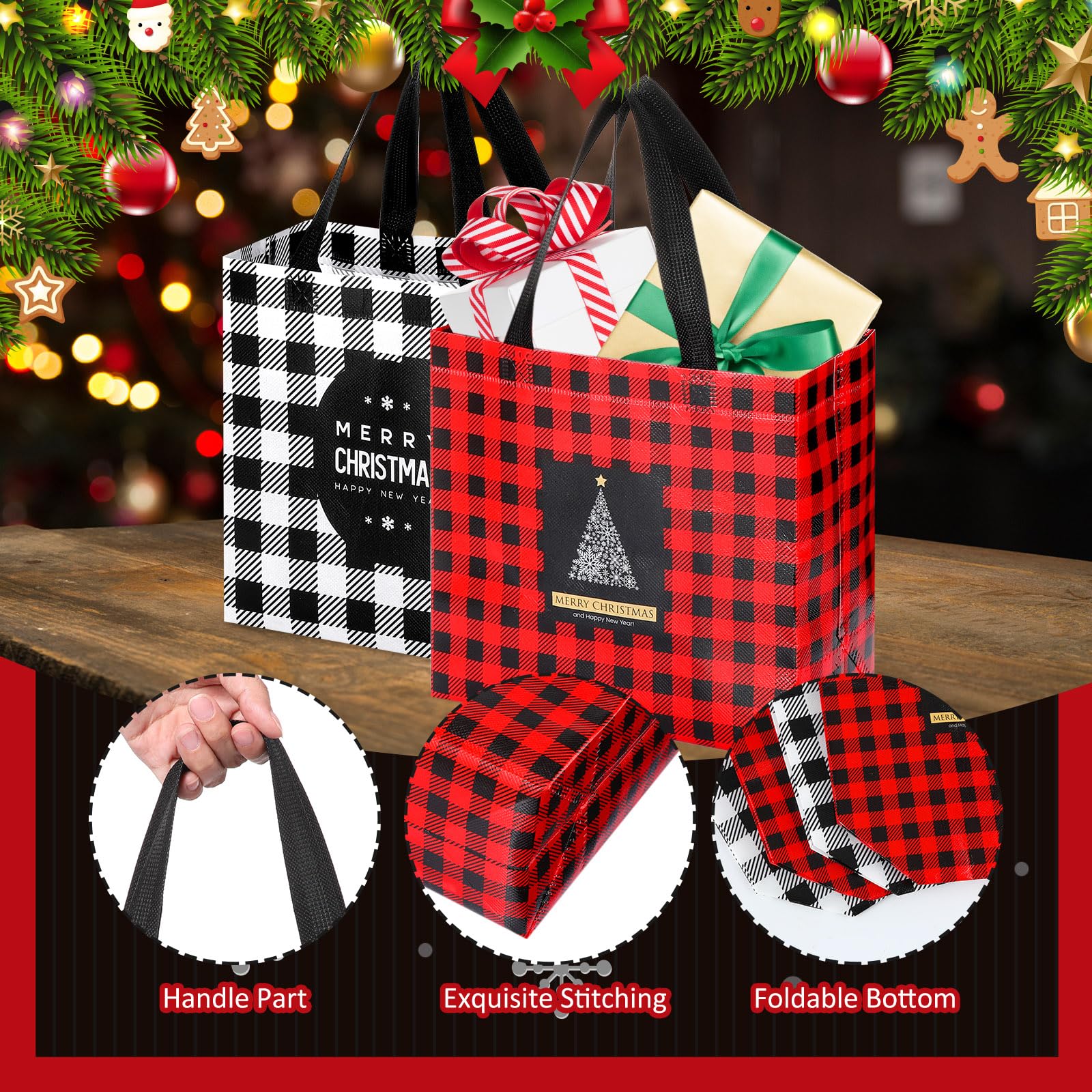 Sweetude 50 Pack Christmas Gift Bags Reusable Tote Bags with Handle Christmas Bags for Gifts Wrapping Shopping Multifunctional Grocery Shopping Totes for Holiday Xmas Party Supplies, Black, 