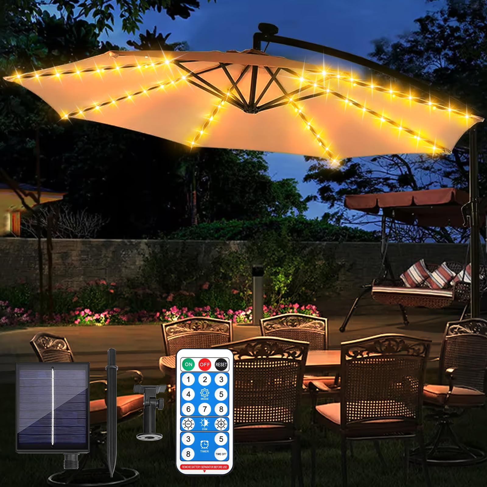 BORDEAG Éclairage solaire pour parasol - 104 LED - 8 modes - Guirlande lumineuse solaire pour parasol de terrasse - Avec télécommande