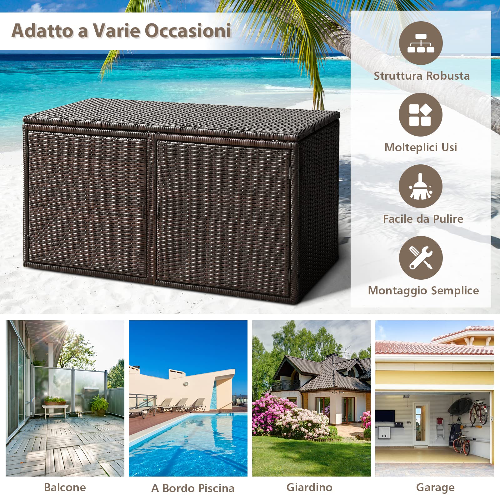 COSTWAY Baule Contenitore da 335L, con Coperchio e 2 Ripiani, Contenitore da Giardino con Telaio in Acciaio, Box per Conservazione di Attrezzi Giocattoli Accessori (Marrone)