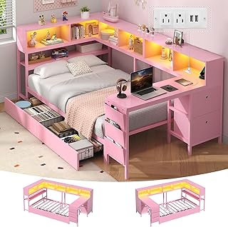 Hasuit Twin Corner Bed with Desk and Storage Bookcase, Daybed with 2 Dra...