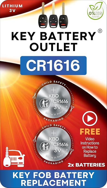 Bateria CR1616 para chave automotiva Key Battery Outlet – Pacote com 2 unidades