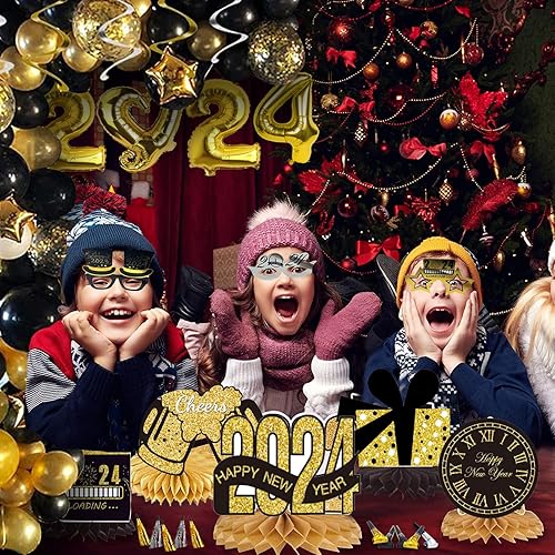 Miniatura 5 de Suministros para fiesta de Año Nuevo 2024, el kit de decoración de Año Nuevo incluye 65 globos de arco, globos de aluminio, centros de mesa y