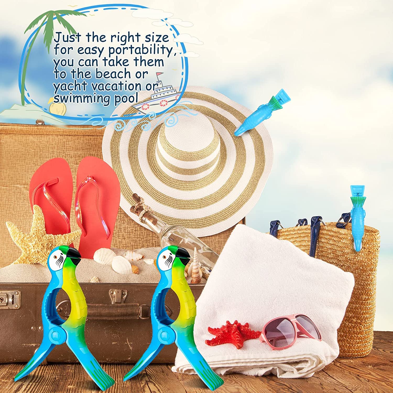 Lot de 4 pinces à serviette de plage pour chaise longue de soleil - Grandes pinces à linge (style mignon