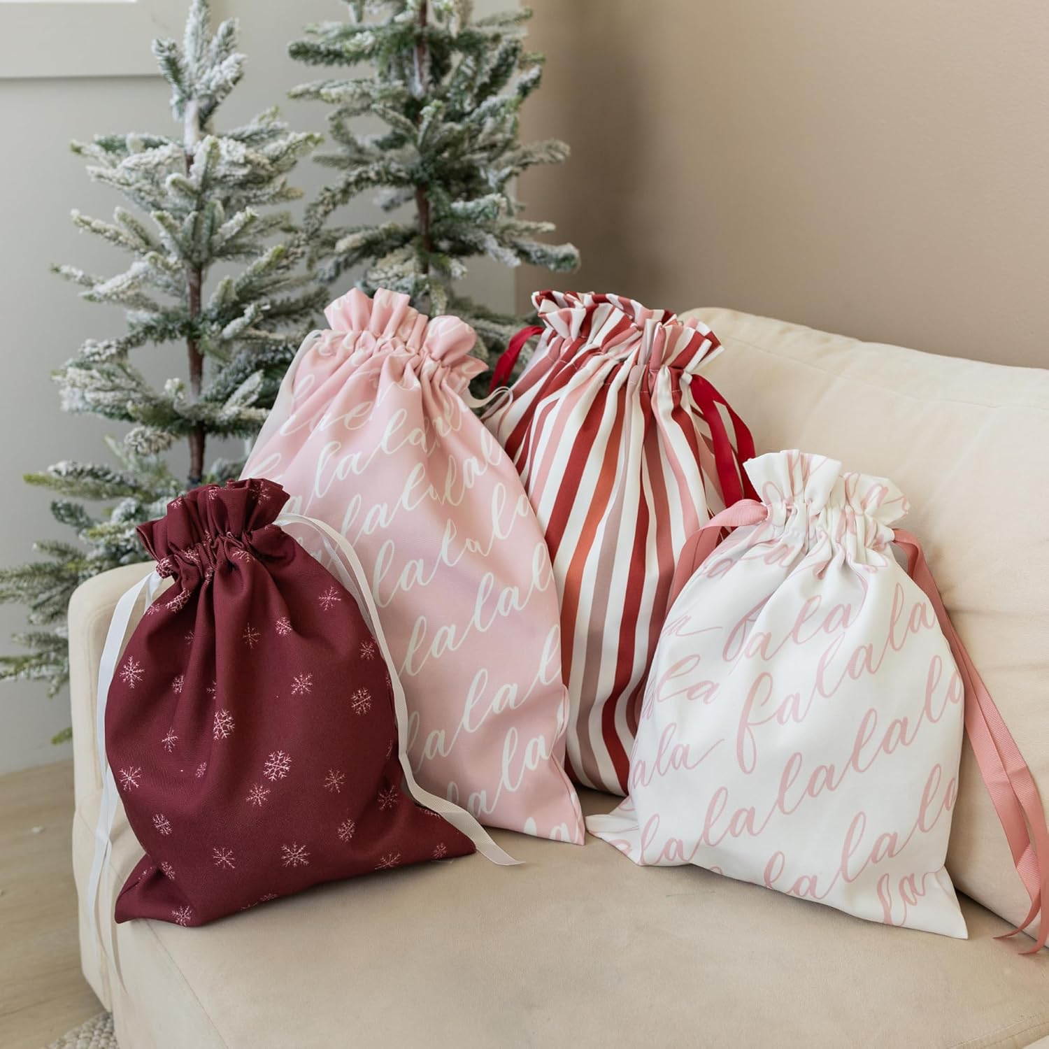 Gather & Knot Drawstring Christmas Gift Bags | 20" Large 16" Medium | Pink Fa La La | Premium Canvas | Reusable Fabric Wrap for Holidays | Mix & Match Set