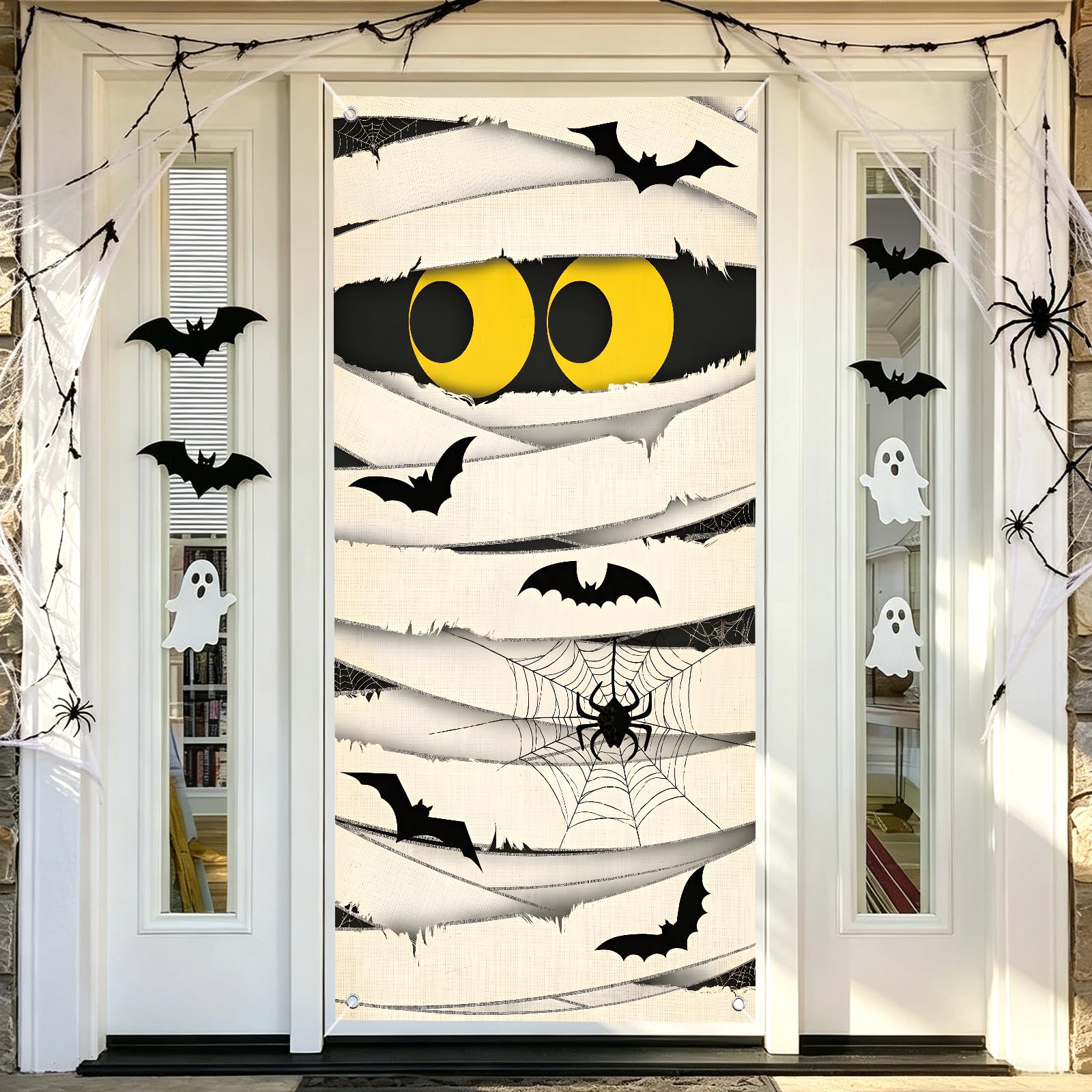 71 x 35 Inch Halloween Mummy Door Cover – Spooky Yellow Eyes Halloween Banner with Bats and Spider Webs for Front Door Porch Party Decorations