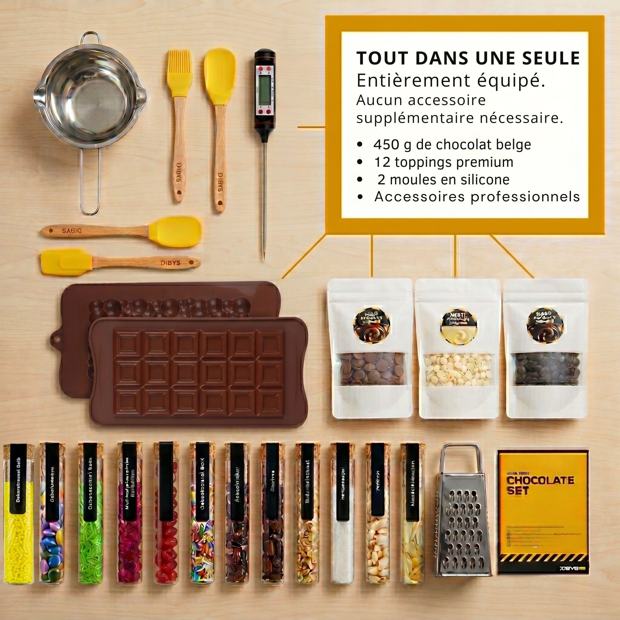 DIBYS Kit DIY Chocolat à faire soi-même | Coffret de Chocolat avec ingrédients naturels et 12 garnitures | Idée cadeau pour enfants & adultes | Idéal pour les anniversaires & Noël | Kit cuisine