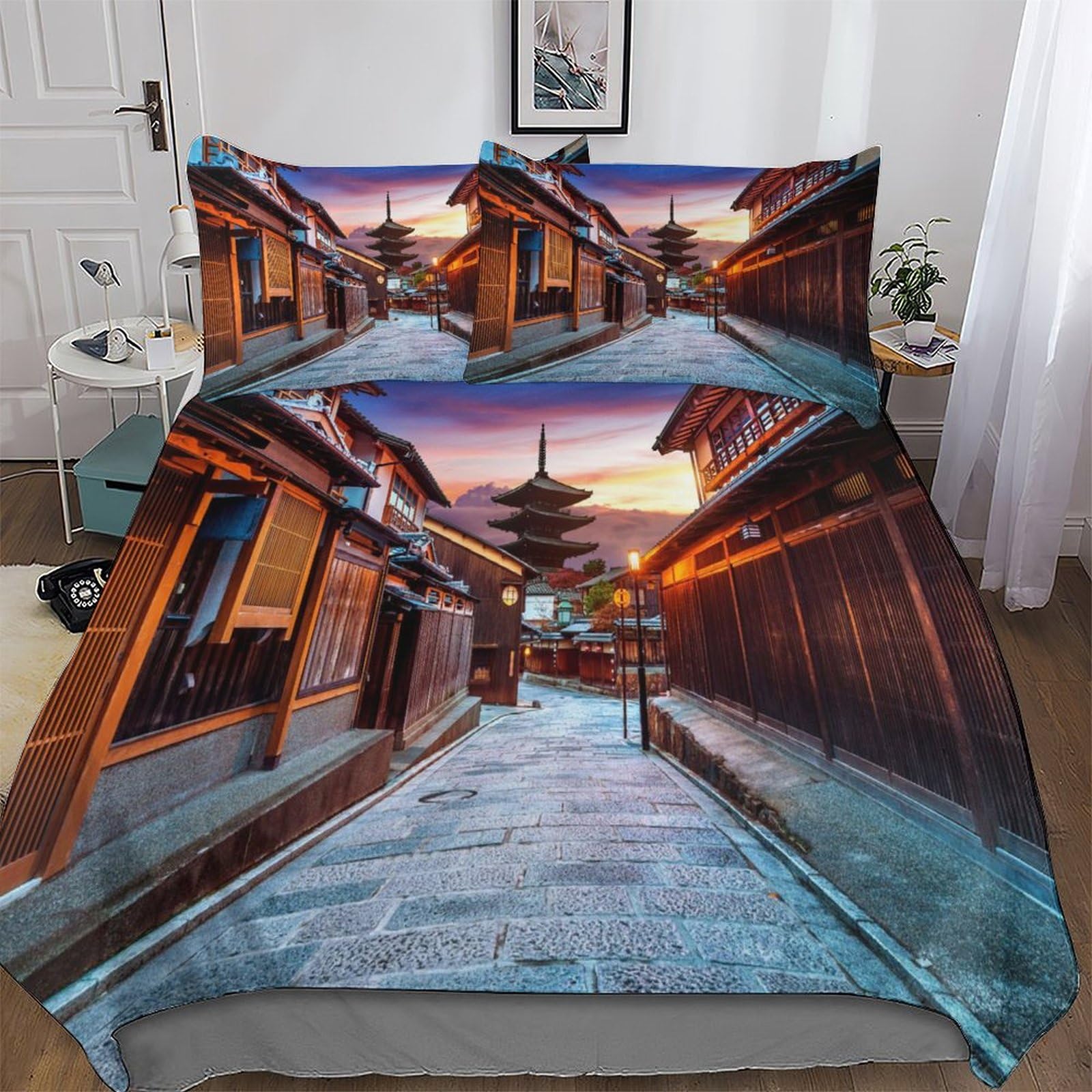 Housse de couette Kyoto Japon en microfibre douce 3 pièces pour parure de lit King 220x240cm