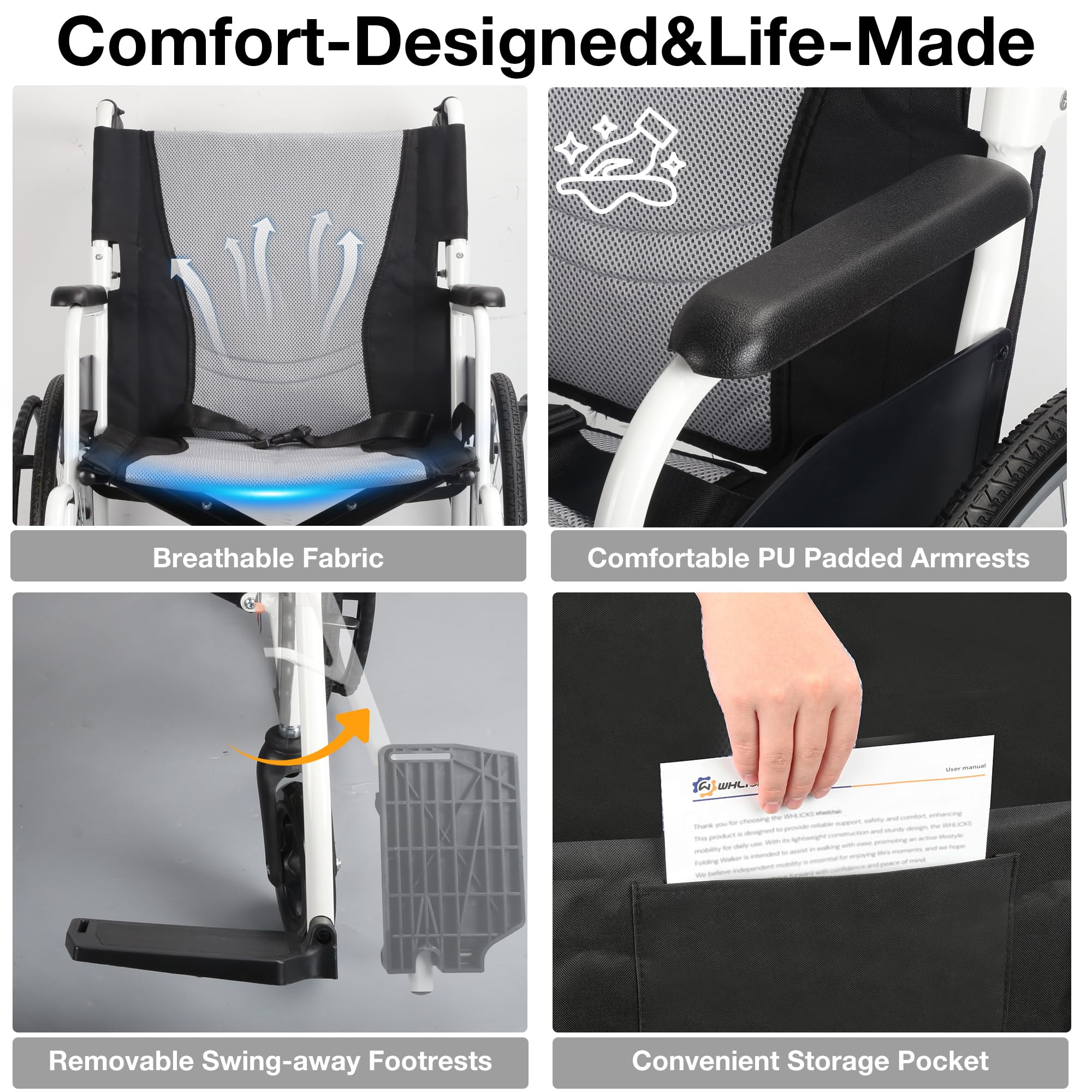 WHLICKS Folding Wheelchair - Lightweight & Durable -5