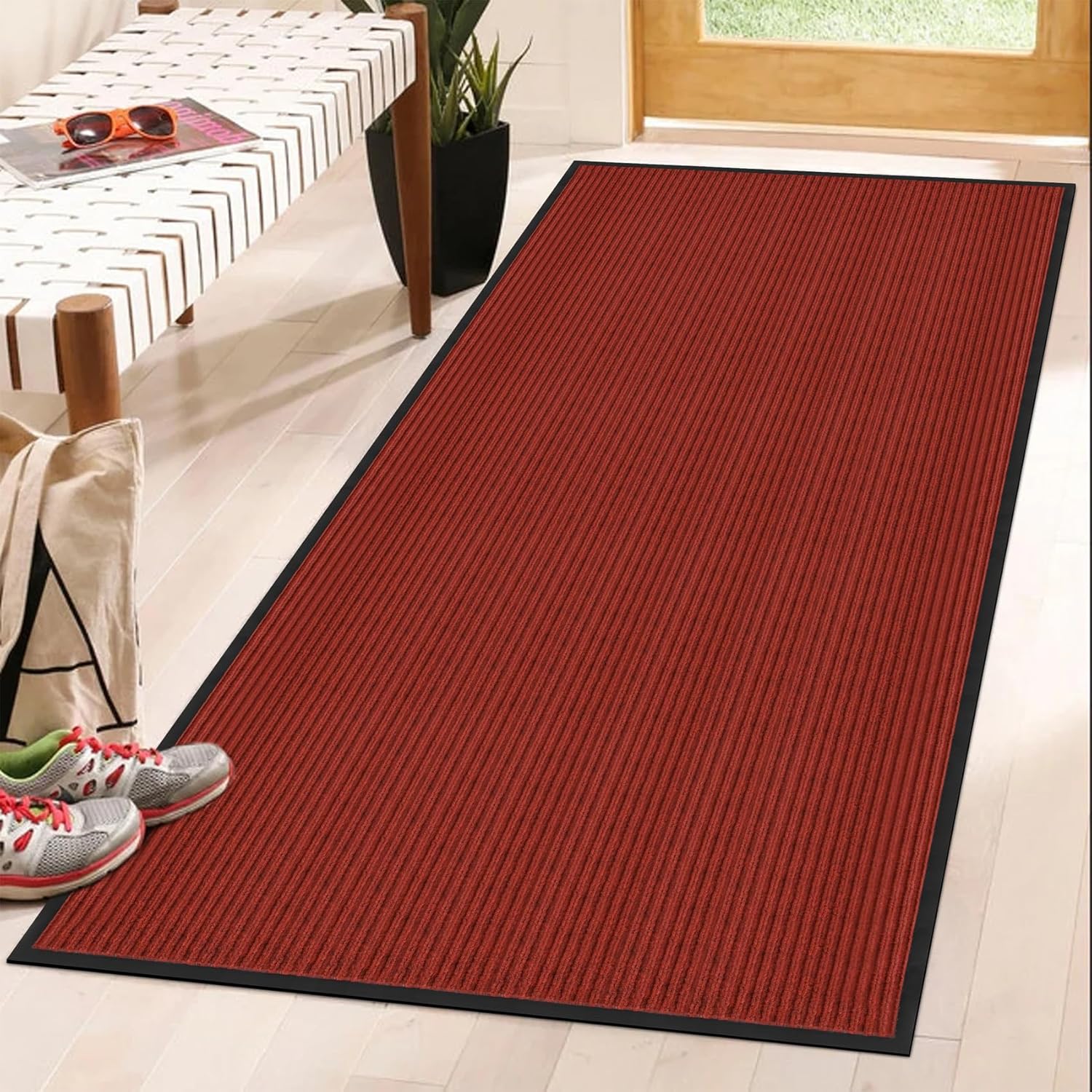 Front Door Mat Indoor Outdoor Entrance 72"x36", Heavy Duty Ribbed Non Slip Mat, Absorbent Dirt Moisture Trapper Waterproof Rubber Backing Doormats, Low Profile Washable Front Doormat, Red Red 72"L x 36"W-1 Pack