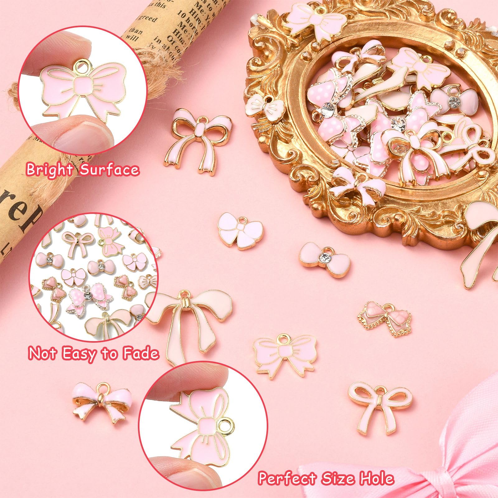 Stiesy 60Pcs 10 Styles Bowknot Charms Enamel Bowknot Charm Pendant Pink Bow Jewellry Charms Tiny Bow Tie Metal Charms Bulk for Bracelet Jewelry Making DIY Crafts Presents Decoration - Image 3