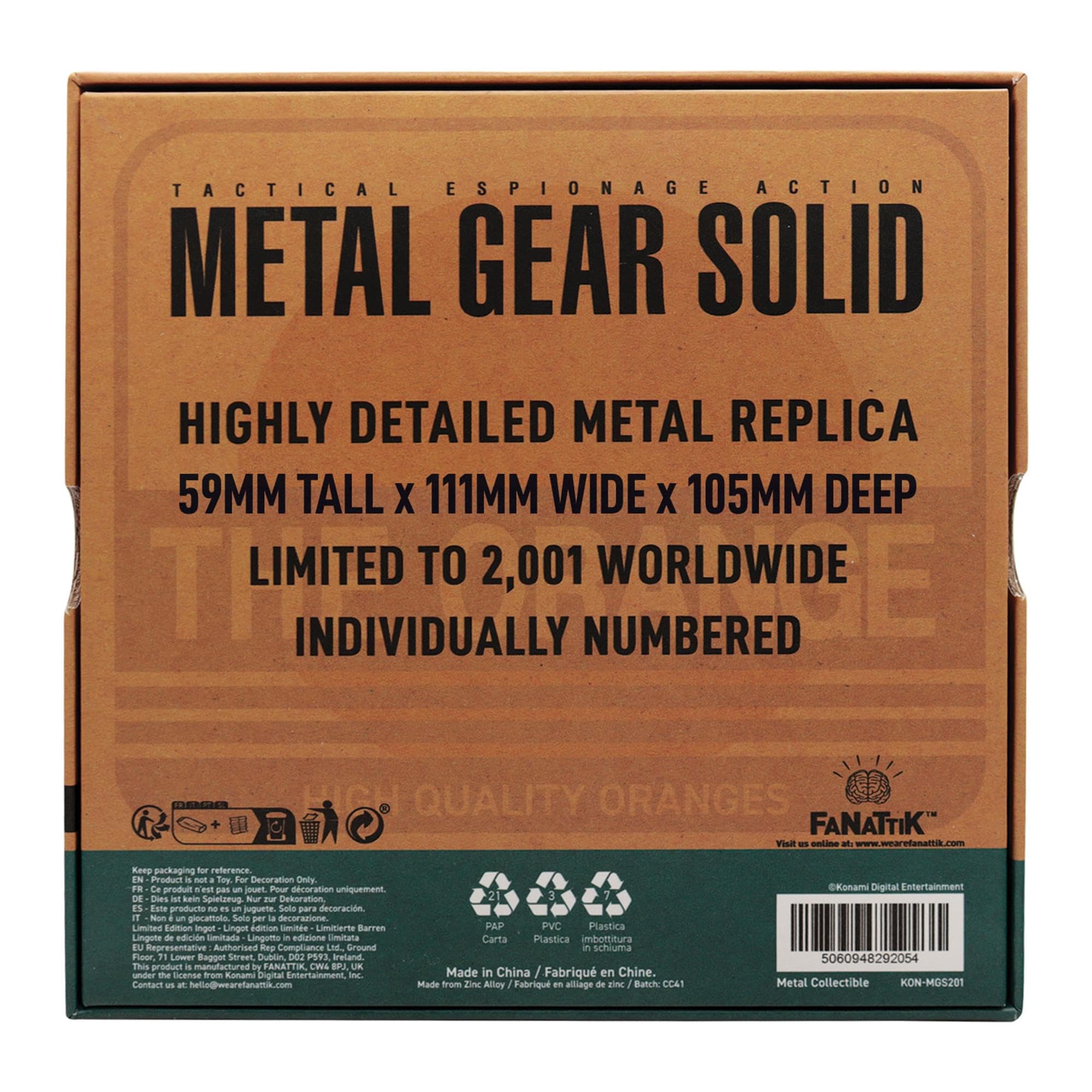 FaNaTtik Metal Gear Solid 2 - Caja de cartón réplica de edición limitada, accesorio de metal con licencia oficial, mercancía coleccionable para jugadores, hecha para fanáticos, pieza numerada