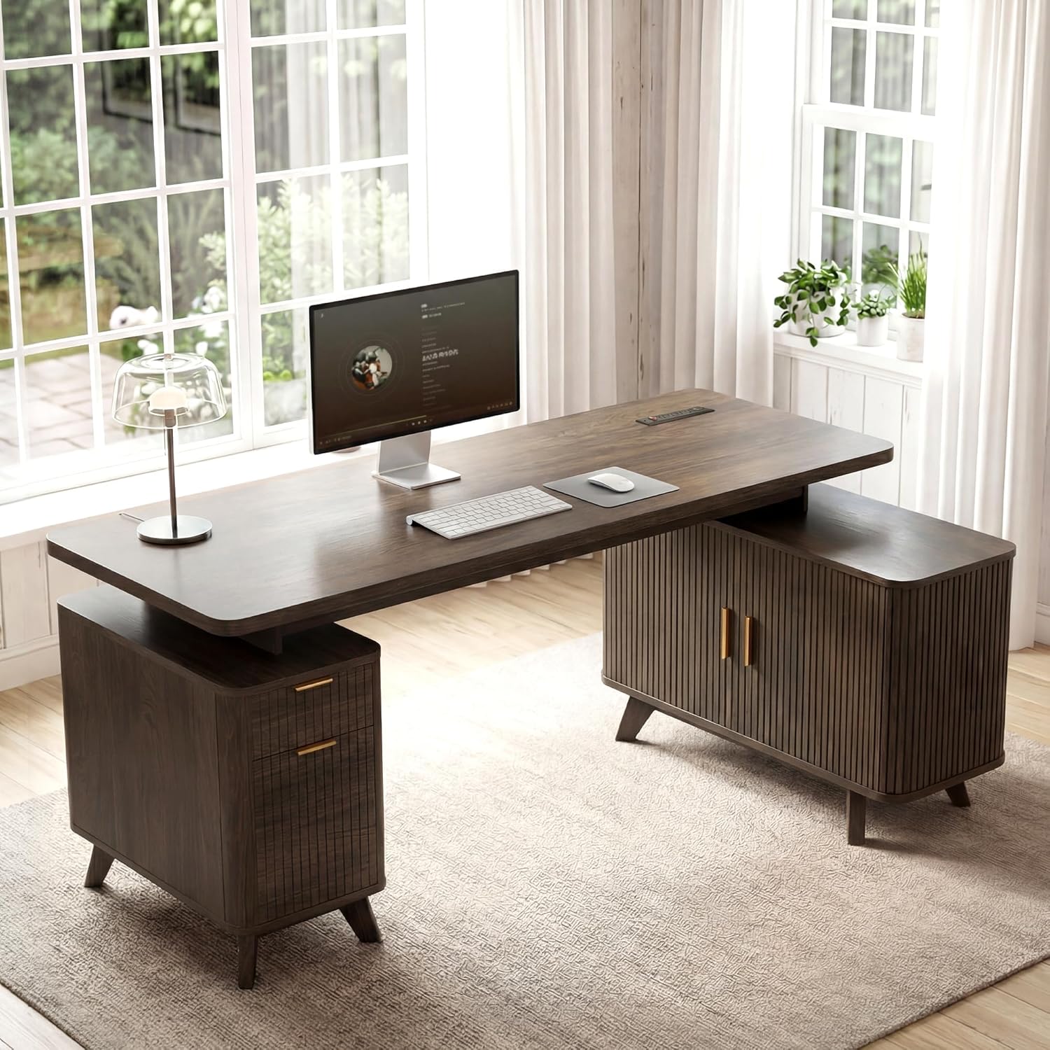 Farmhouse L Shaped Executive Desk with Drawers & Sliding Doors Fluted Storage Cabinet, 63" Corner Computer Desk with Power Outlets (4 AC & USB/Type-C), Reversible Home Office Desk, Brown