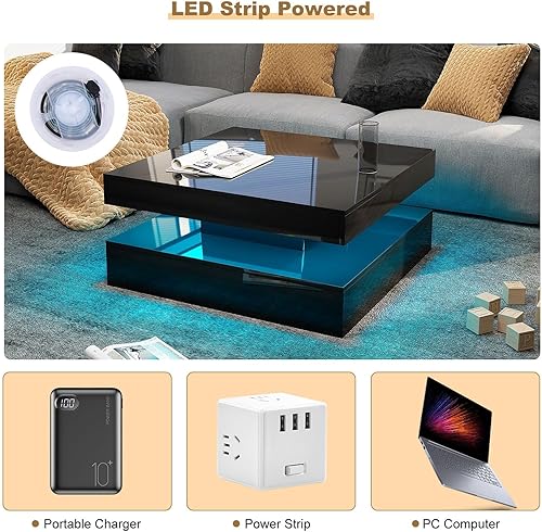 Miniatura 5 de LED Coffee Table for Living Room, 31inch Wooden Square 2-Tier Modern Middle Center Table, Coffee Table with 16-Color Plug-in LED Light, Cocktail Tea