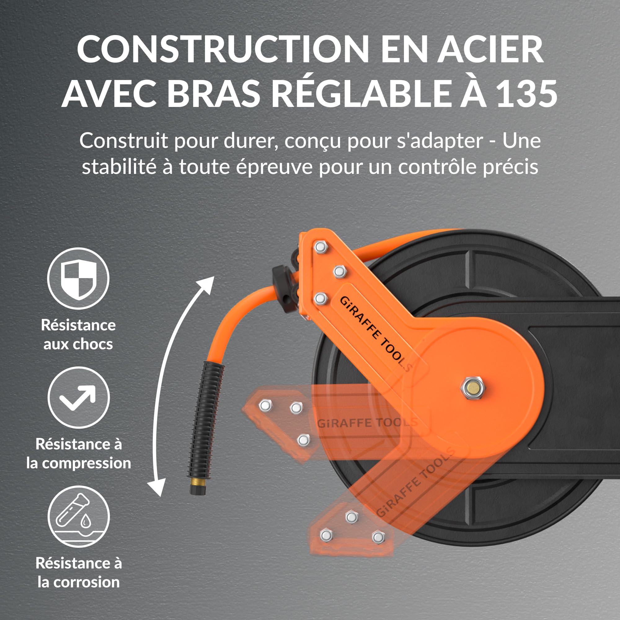 Giraffe Tools Enrouleur Tuyau Air Comprimé 15m+1m, Mural Enrouleur de Tuyau d'Air Comprimé avec tuyau air hybride 3/8", 20Bar/300PSI, Rétractation Automatique, Raccord en Laiton 1/4"