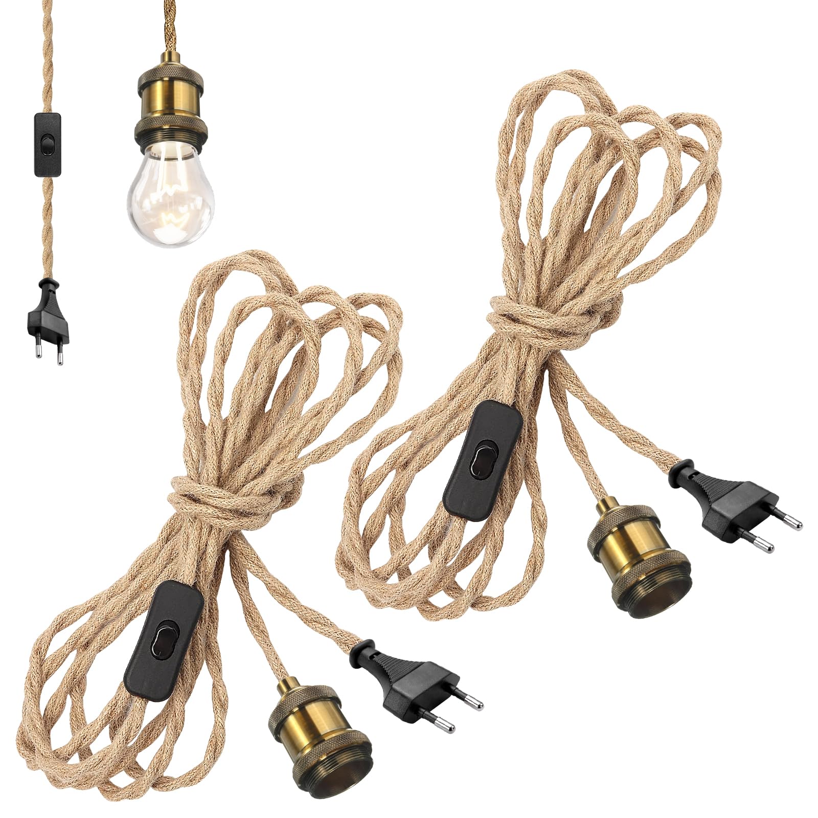 GreenSun Hanglamp met stekker, 3-vlammige lamphouder E27 met kabel, vintage lampkabel met schakelaar, 6,8 m, henneptouwplug, doe-het-zelf hanglamp voor eetkamer en slaapkamer, zonder gloeilamp GreenSun Hanglamp met stekker, 3-vlammige lamphouder E27 met kabel, vintage lampkabel met schakelaar, 6,8 m, henneptouwplug, doe-het-zelf hanglamp voor eetkamer en slaapkamer, zonder gloeilamp